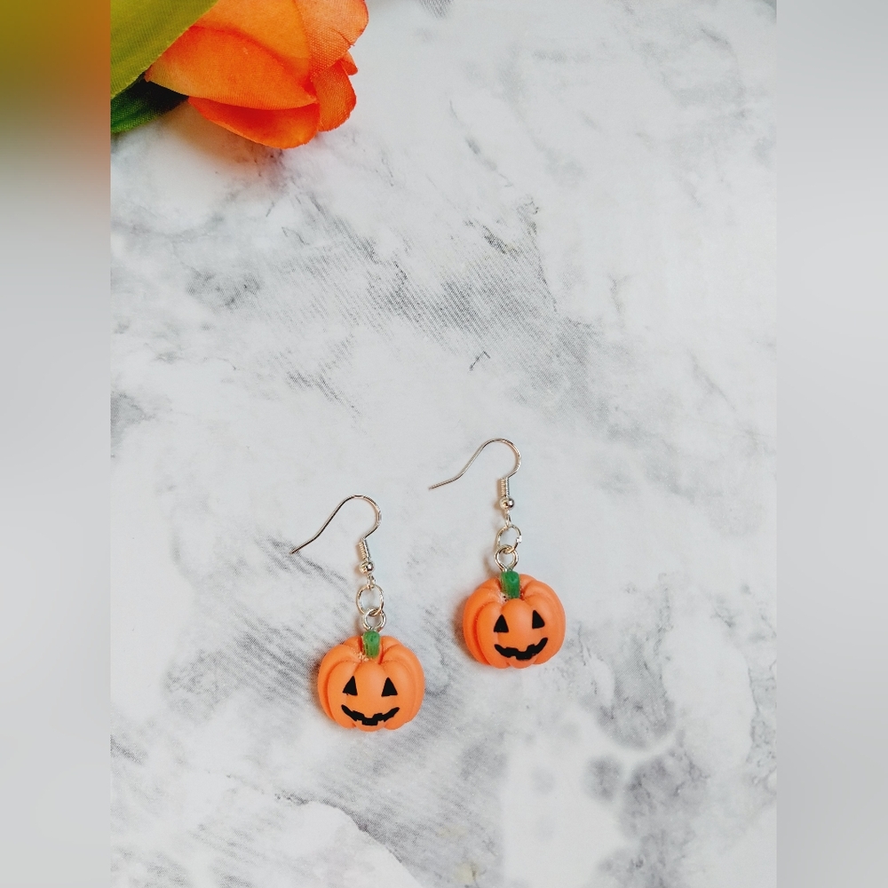 OpalGlaze Halloween Jewelry Jack-O-Lantern Pumpkin Earrings Dangles Handmade